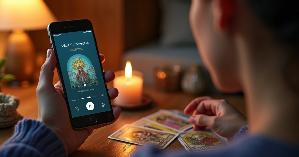 Gravação de áudio de tarot em ambiente confortável 
