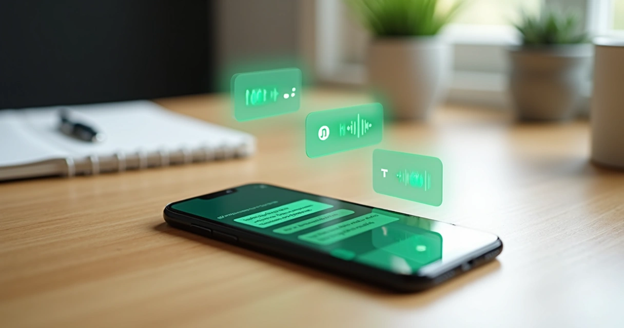 Comparação visual entre mensagens de áudio e texto no WhatsApp em tela de celular 