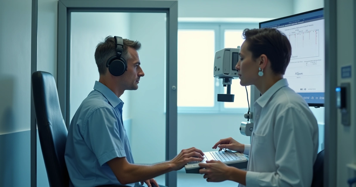 Paciente realizando exame de audiometria tonal em clínica ocupacional 