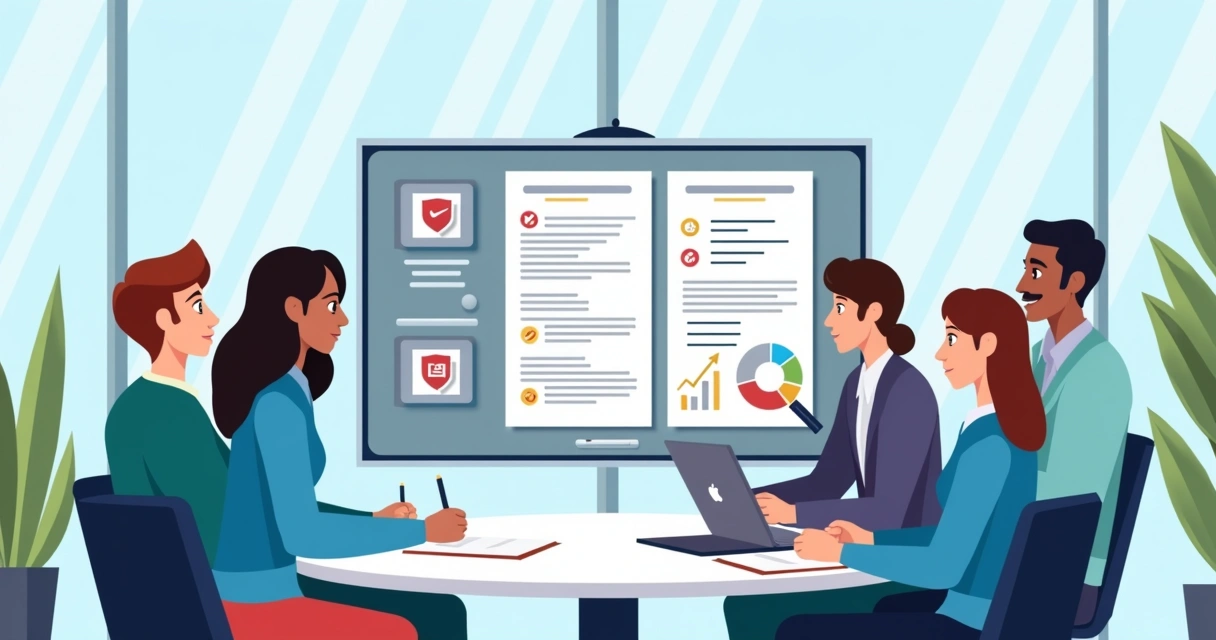 Team reviewing digital audit logs on large monitor with compliance icons and documents