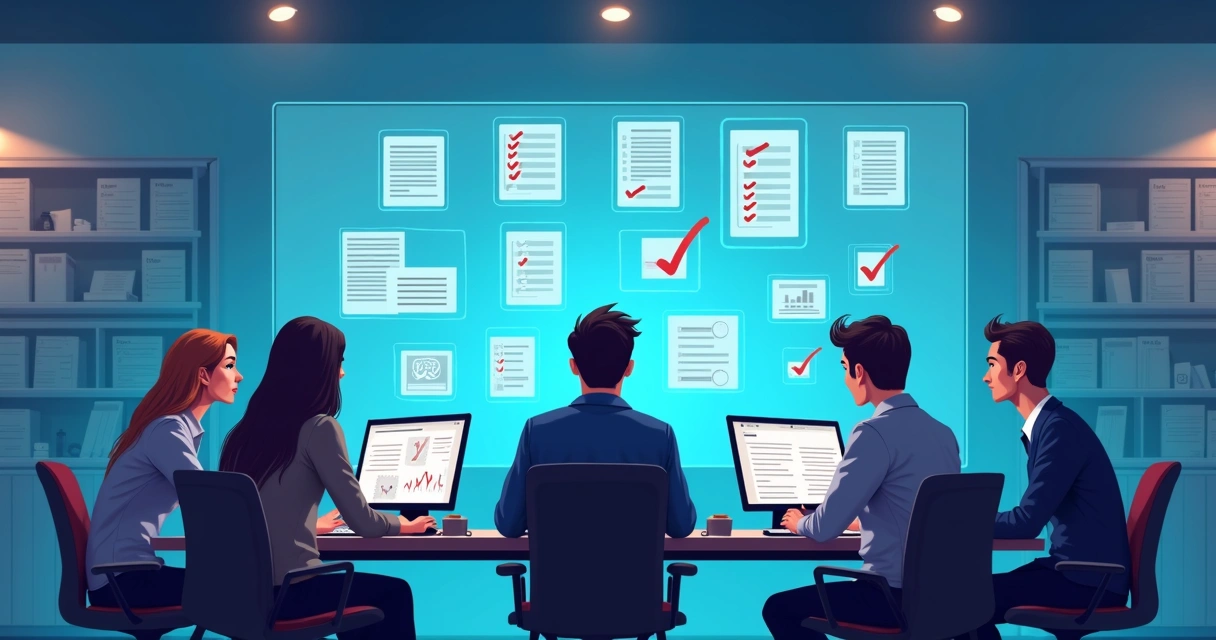 Team examining digital documents on a large wall display during an audit review meeting 