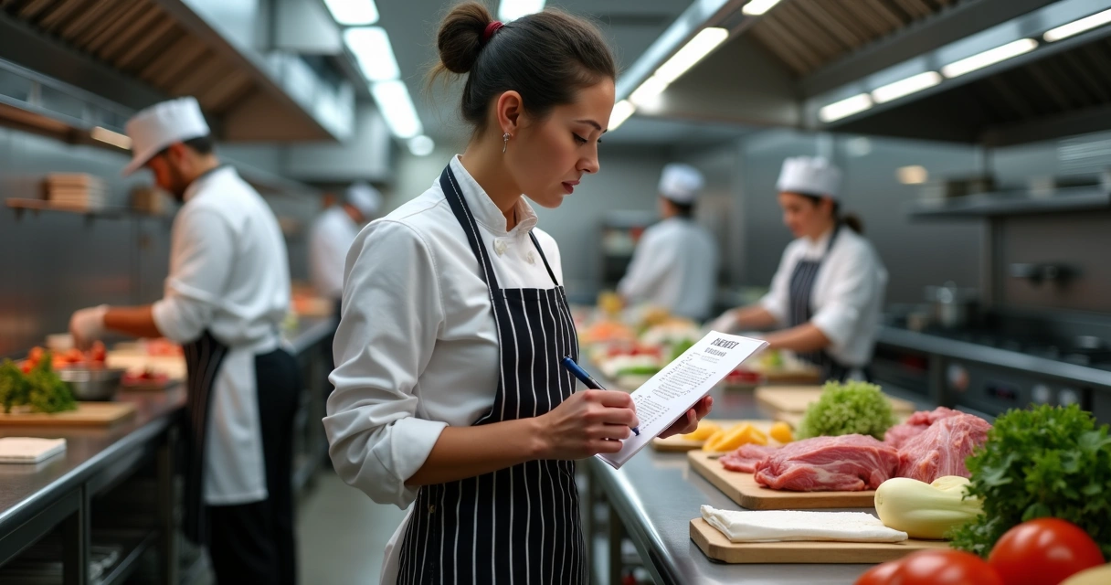 Gestor auditando checklist de compras na cozinha do restaurante