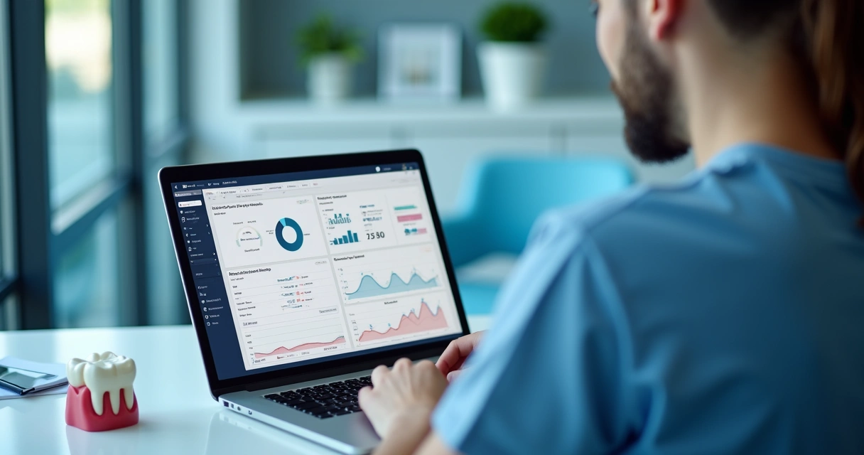 Gestor de clínica auditando relatórios de marketing e funil de agendamento. 