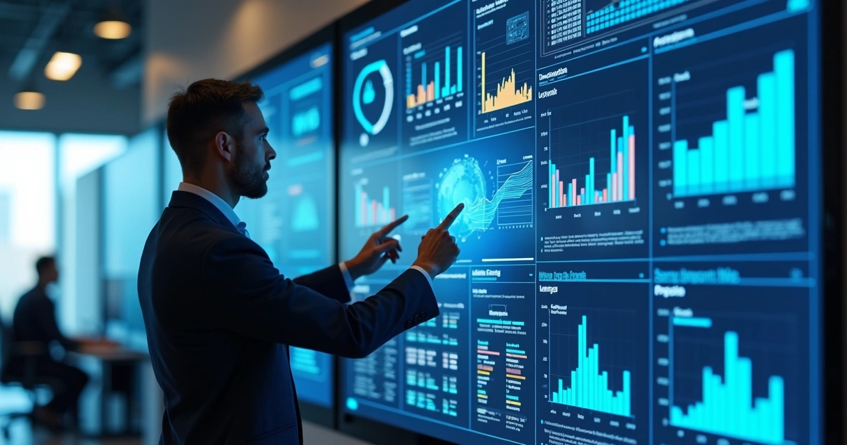 Auditor fiscal avaliando relatórios em um painel digital 