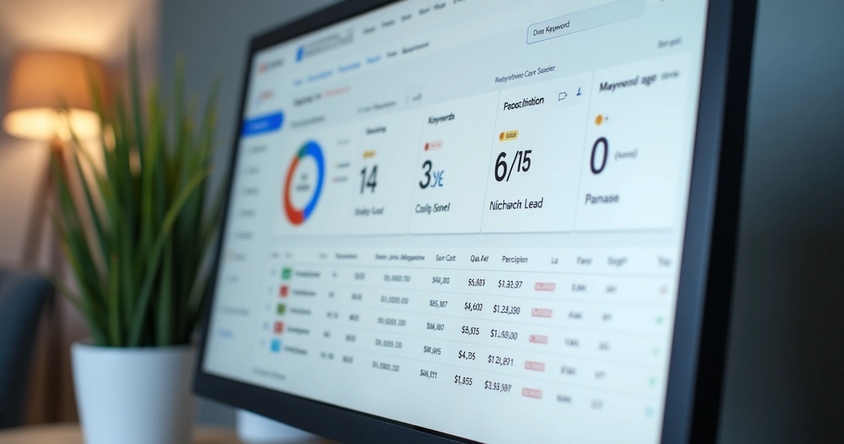 Análise de painel de palavras-chave do Google Ads com destaque para diferentes índices de qualidade, visto em tela de computador 