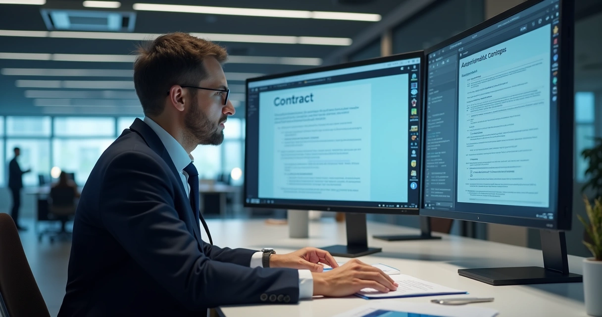 Profissional auditando contratos em computador 