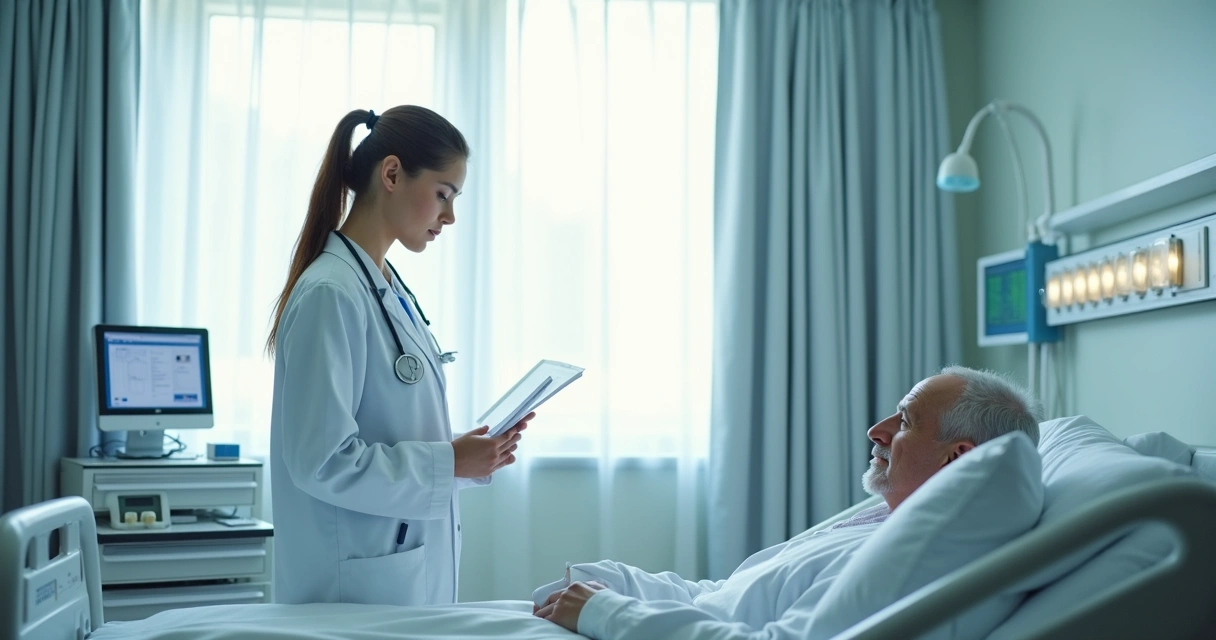 Enfermeiro auditor inspecionando um leito hospitalar vazio 