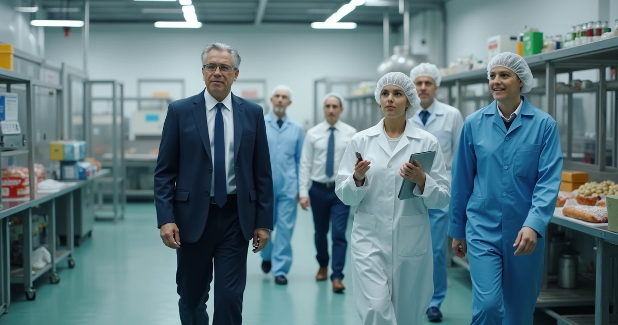 Auditor externo caminhando em fábrica de alimentos com managers acompanhando 