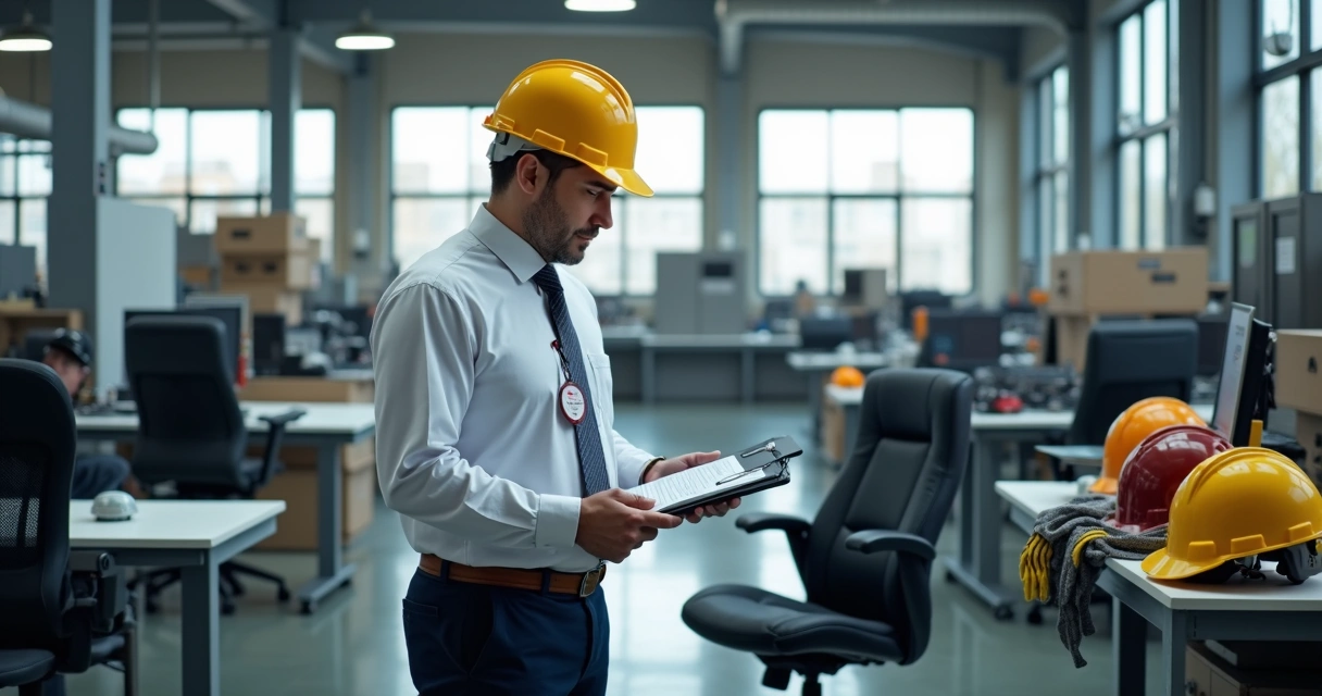 Auditor fiscal do trabalho fazendo inspeção ergonômica em ambiente industrial com equipamentos de segurança e mesa de escritório 