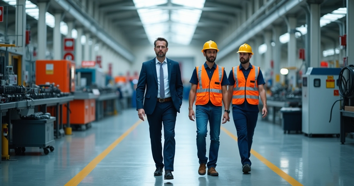 Auditor caminhando com engenheiro e técnico em fábrica 