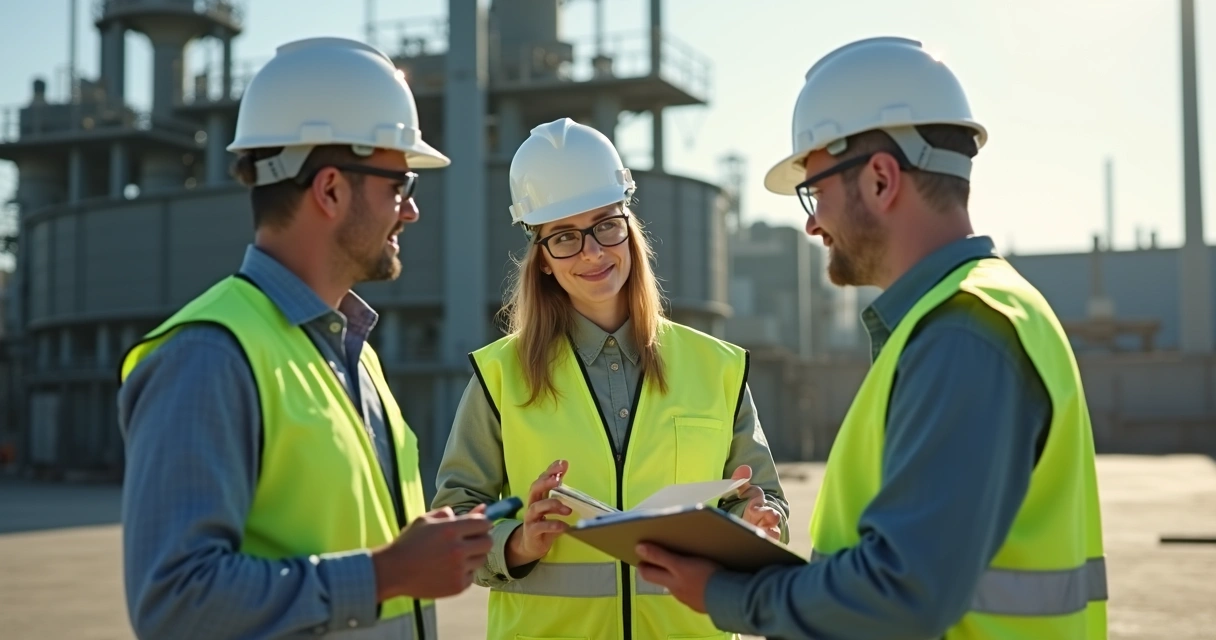 Equipe de auditoria ambiental vistoriando área industrial, anotações em pranchetas