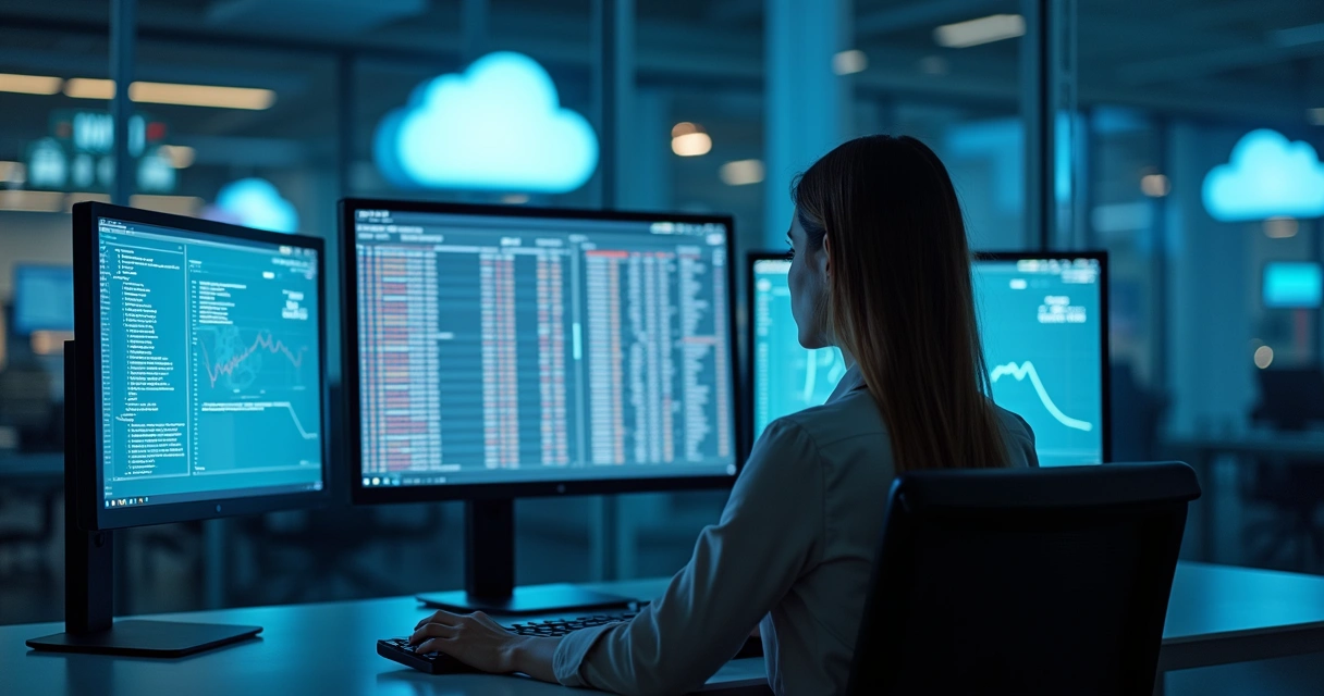Auditora analisando servidores de dados em nuvem.