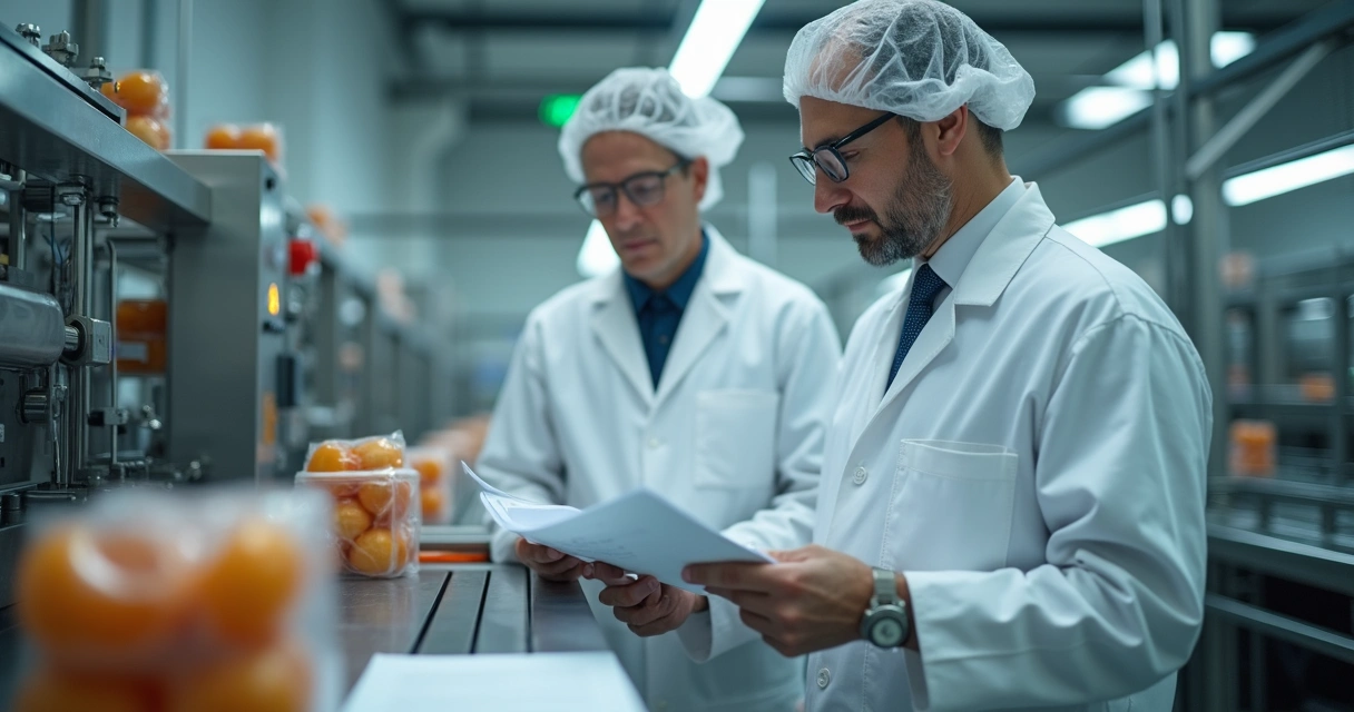 Profissionais auditando linha de produção alimentícia 