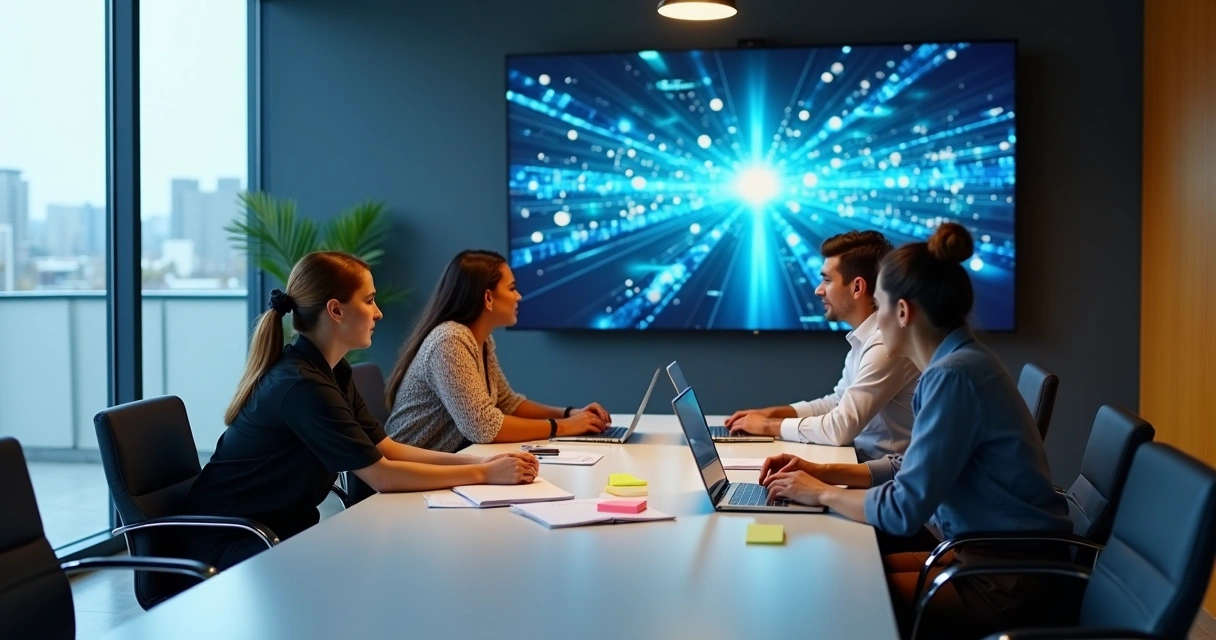Reunião em sala com equipe olhando painel de auditoria de IA 