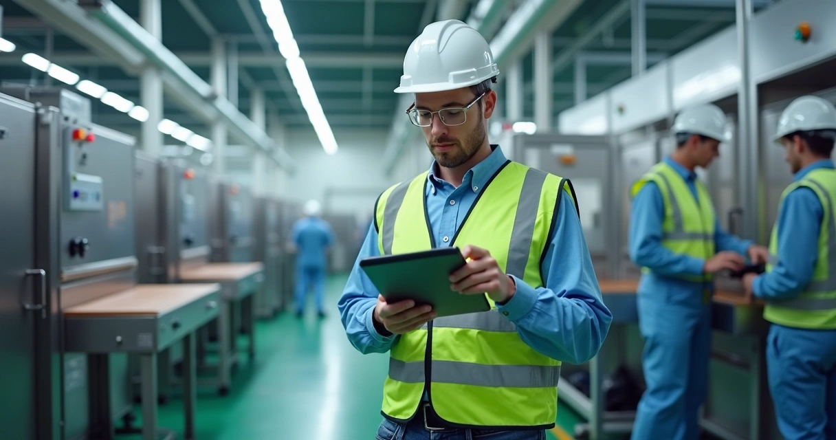 Auditor em uniforme vistoriando registros digitais em fábrica de alimentos 