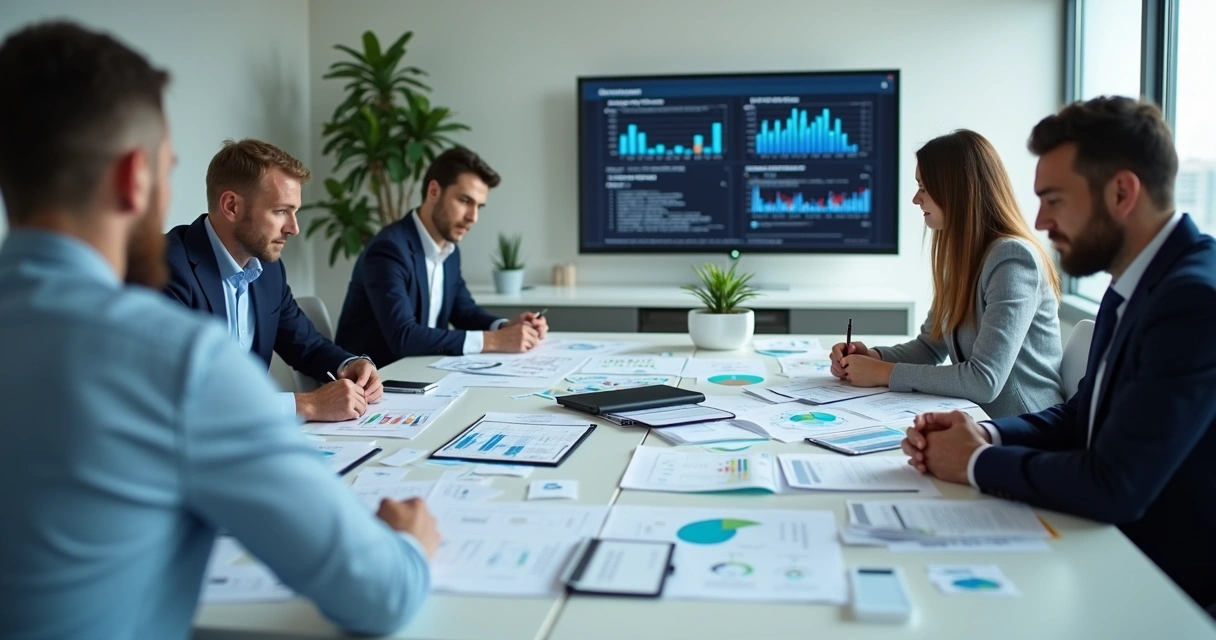 Equipe analisando documentos e planilhas para auditoria 
