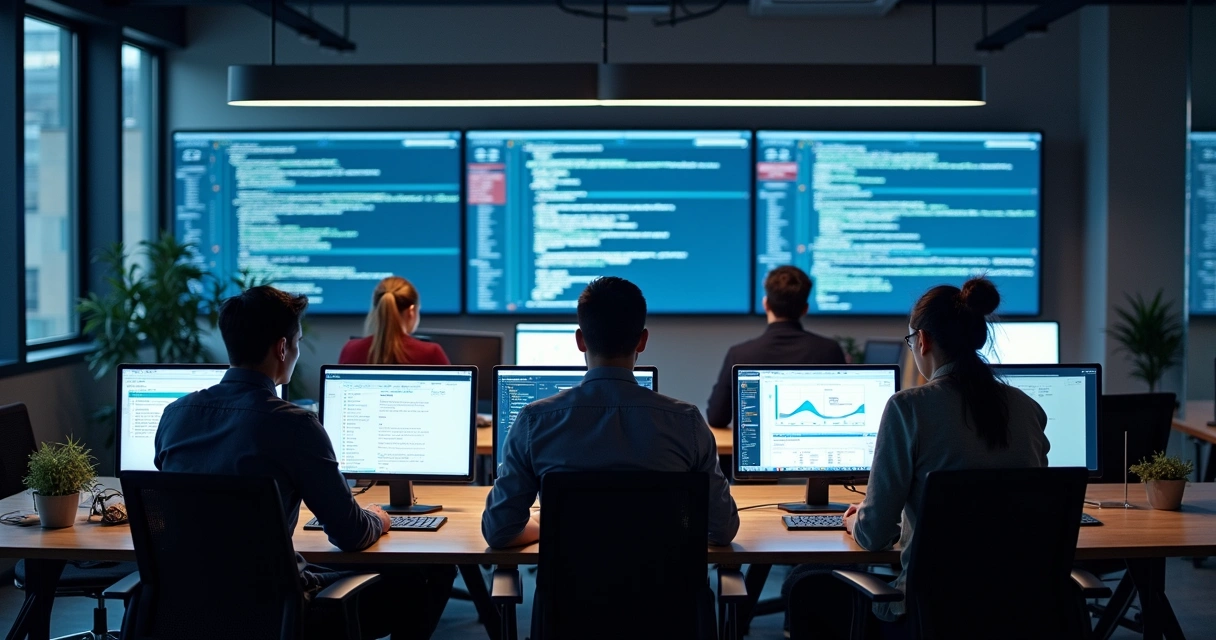 Equipe de auditoria trabalhando em vários computadores analisando aplicativo 