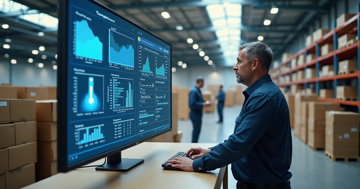 Gestor analisando relatório digital em armazém 