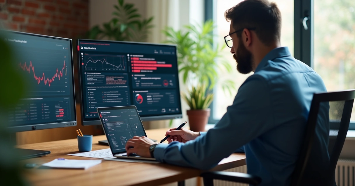 Profissional de auditoria revisando arquivos digitais em tela 