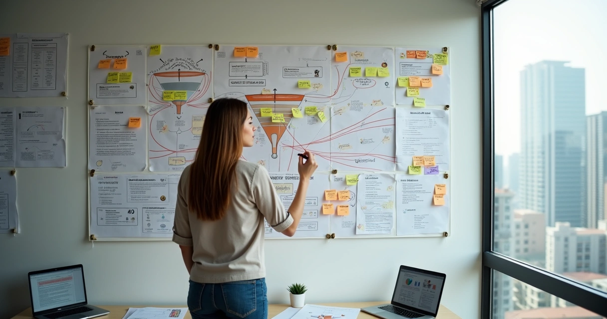 Gestora imobiliária analisa parede de mapas do funil de atendimento com pontos problemáticos destacados em vermelho 