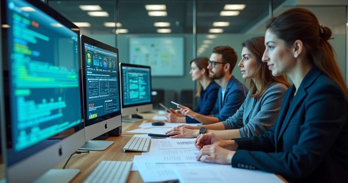 Equipe de auditoria analisando documentos e dados para background check em ambiente moderno 