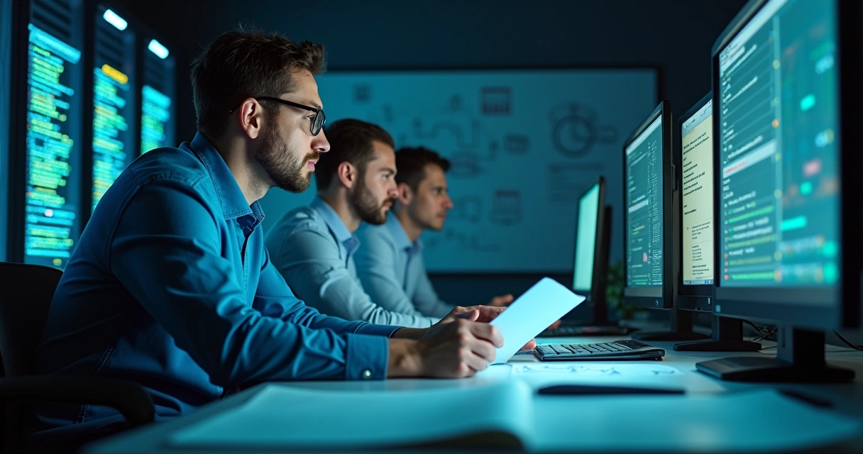 Equipe de TI analisando logs de backup em monitores 