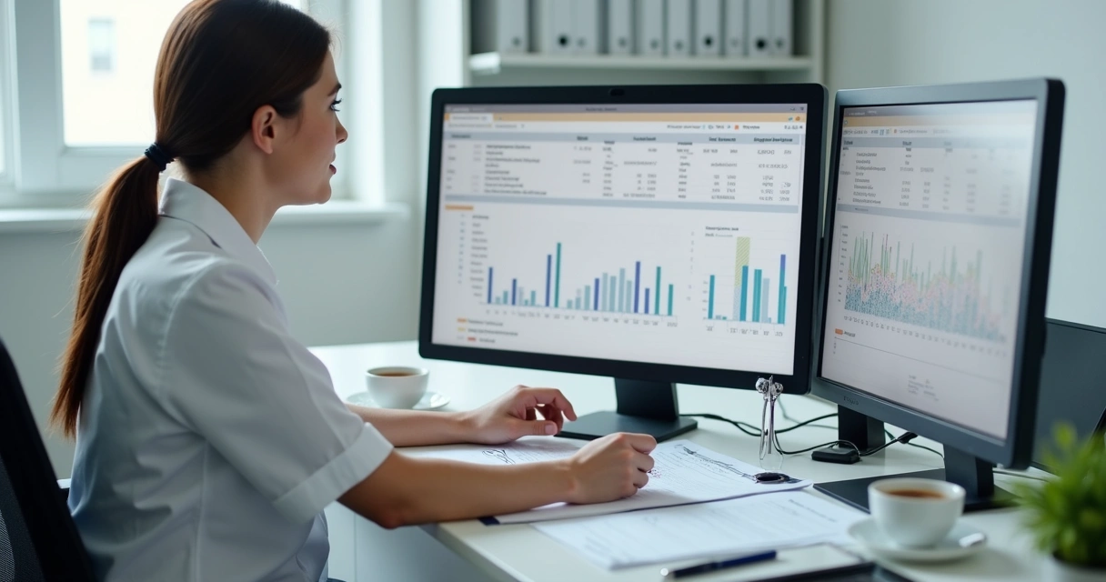 Gestor de clínica revisando planilhas financeiras no computador