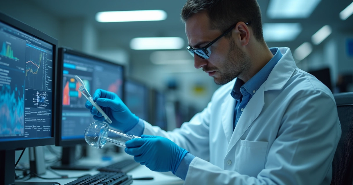 Técnico revisando equipamentos de calibração em ambiente farmacêutico com telas digitais mostrando dados de sensores 