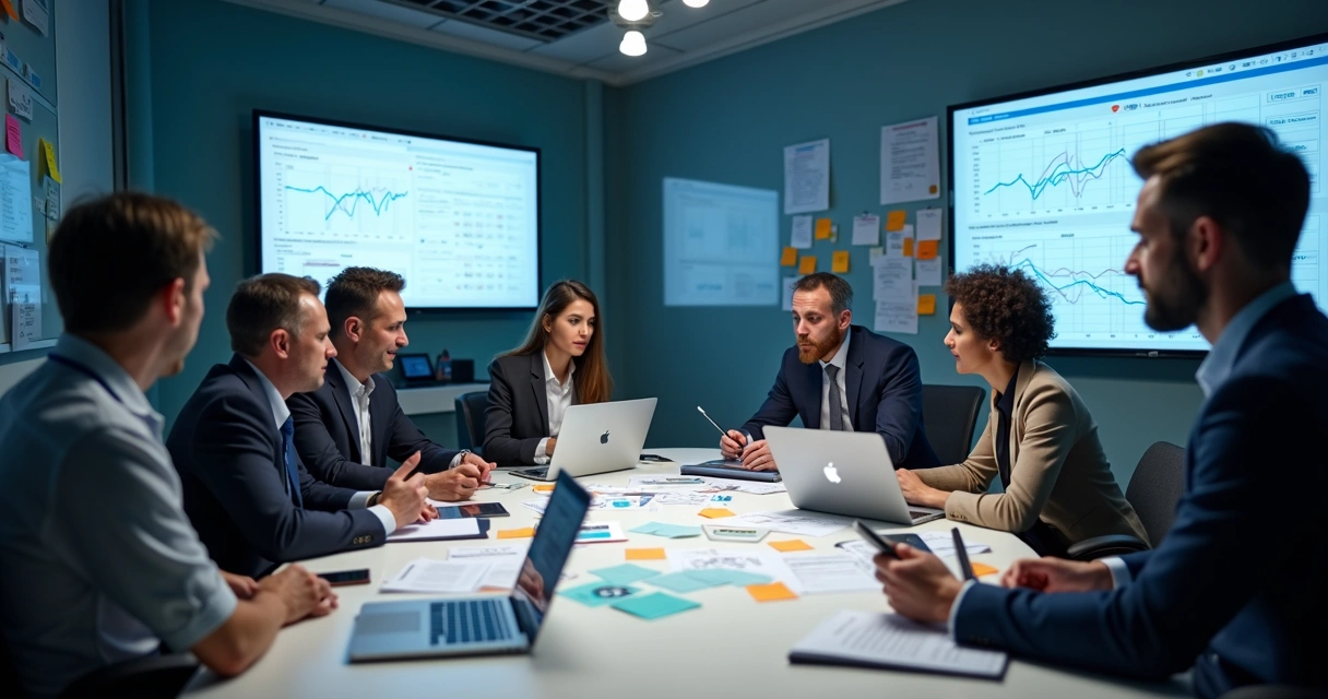 Equipe analisando relatórios de calibração de sensores em sala de auditoria