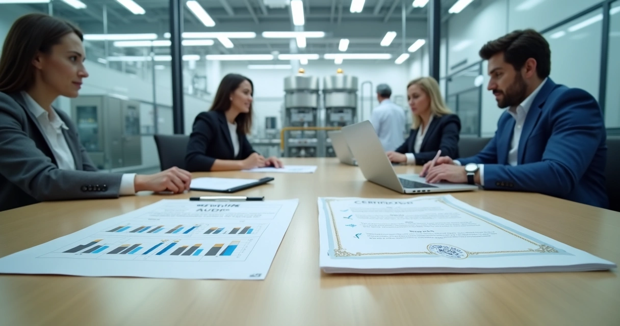 Profissionais avaliando documentos de qualidade em indústria de alimentos 