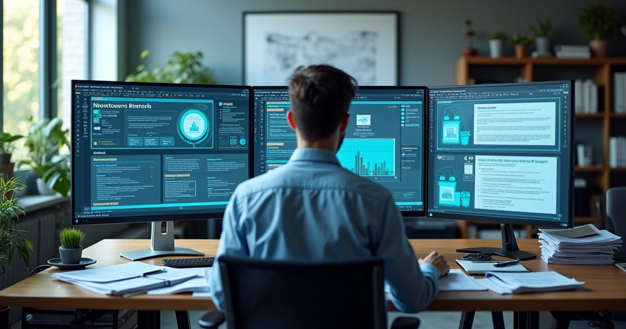 Gestor analisando documentos e telas de certificados em escritório 