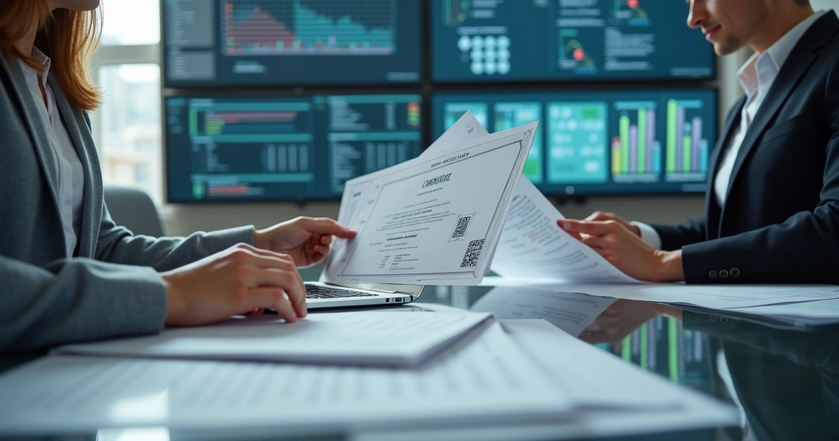 Equipe de auditoria analisando certificados de treinamento em ambiente corporativo
