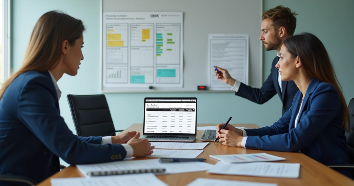 Reunião de auditoria em sala de empresa analisando relatórios de certificados NR em um notebook