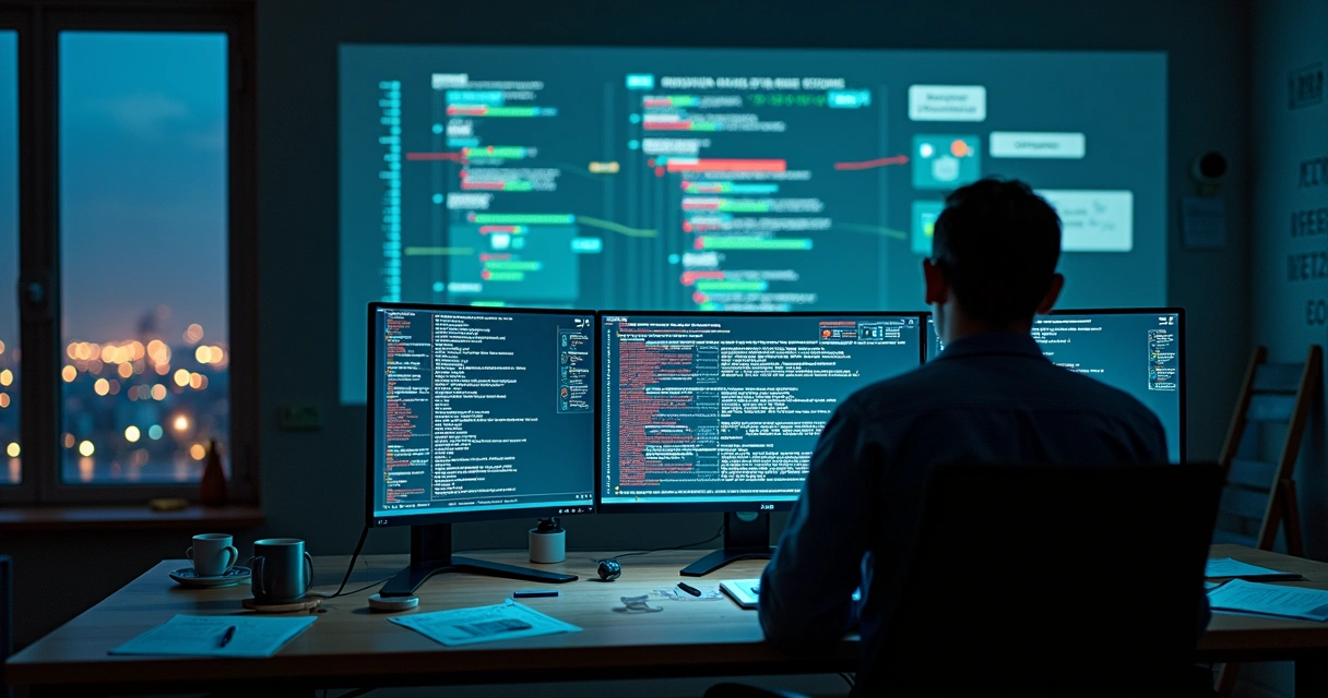 Sala escura com programador analisando código financeiro projetado em parede cheia de anotações 