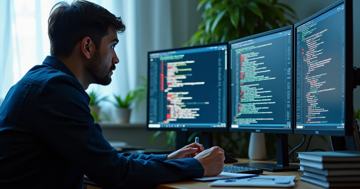 Perito analisando código-fonte em telas 