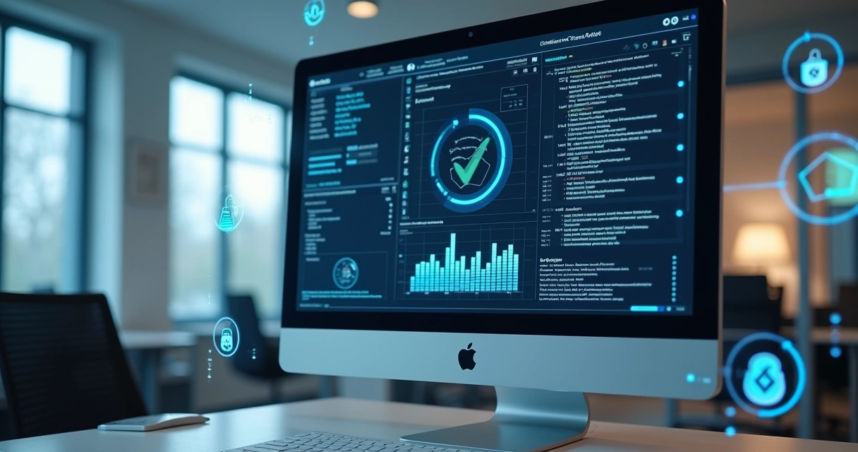 Computador exibindo interface de auditoria de compliance para agentes de IA com gráficos, códigos e selos de aprovação 