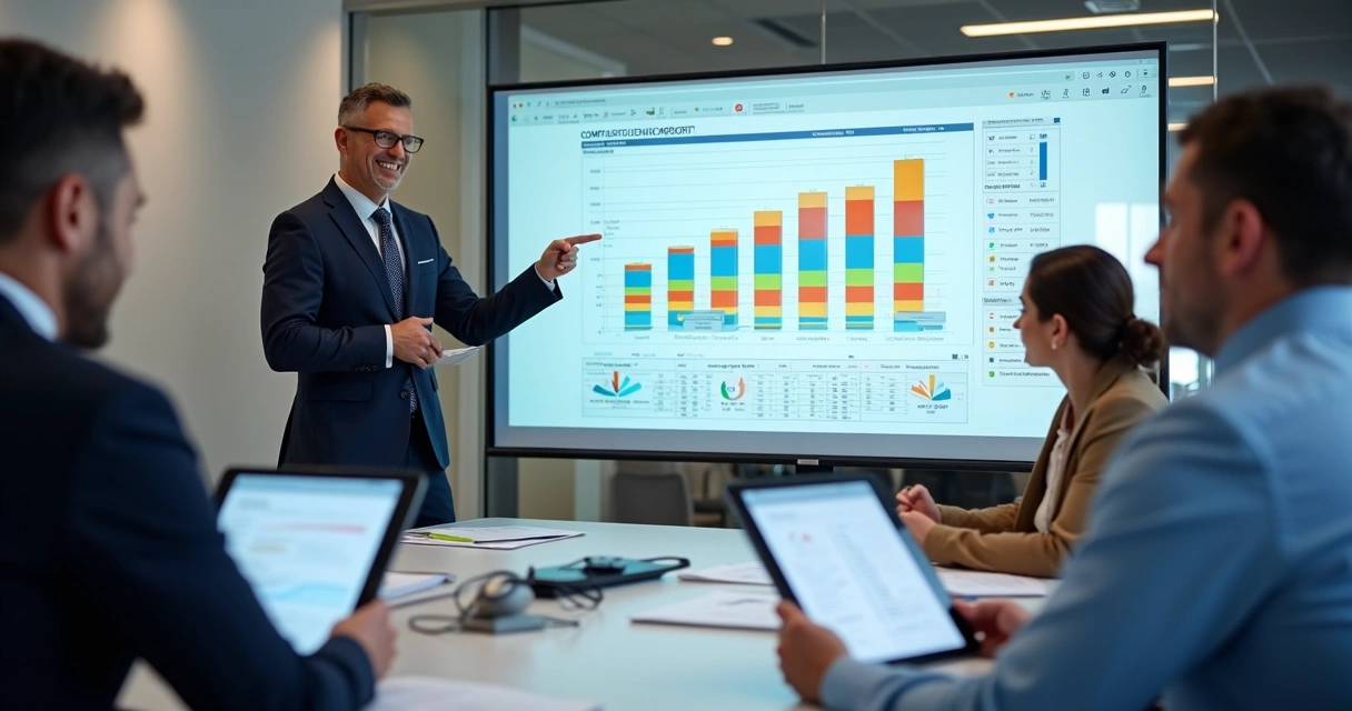 Profissional apresentando relatório de compliance com gráficos coloridos e documentos oficiais
