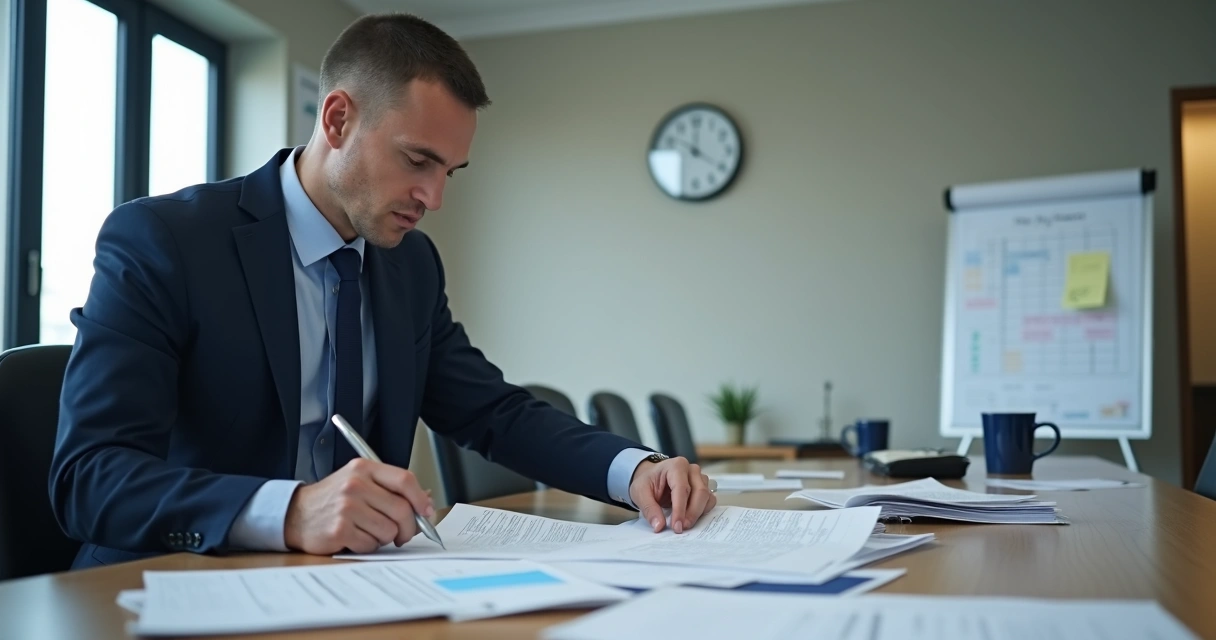 Auditor examinando pilha de documentos em sala de condomínio 