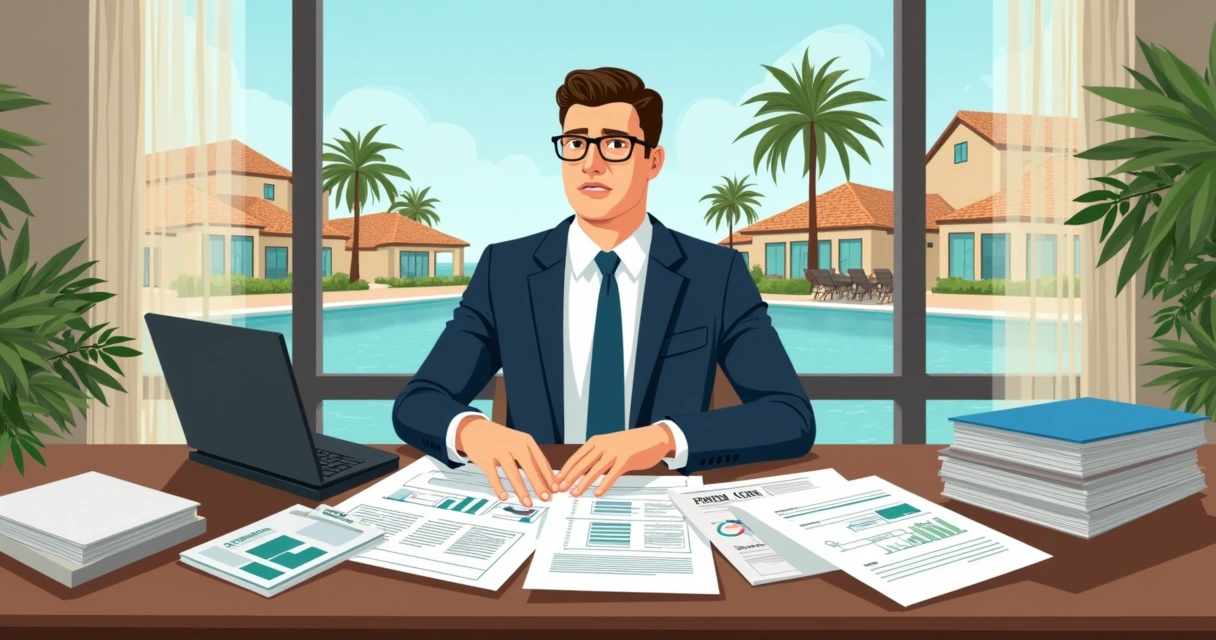 Auditor in resort condominium analyzing financial documents 