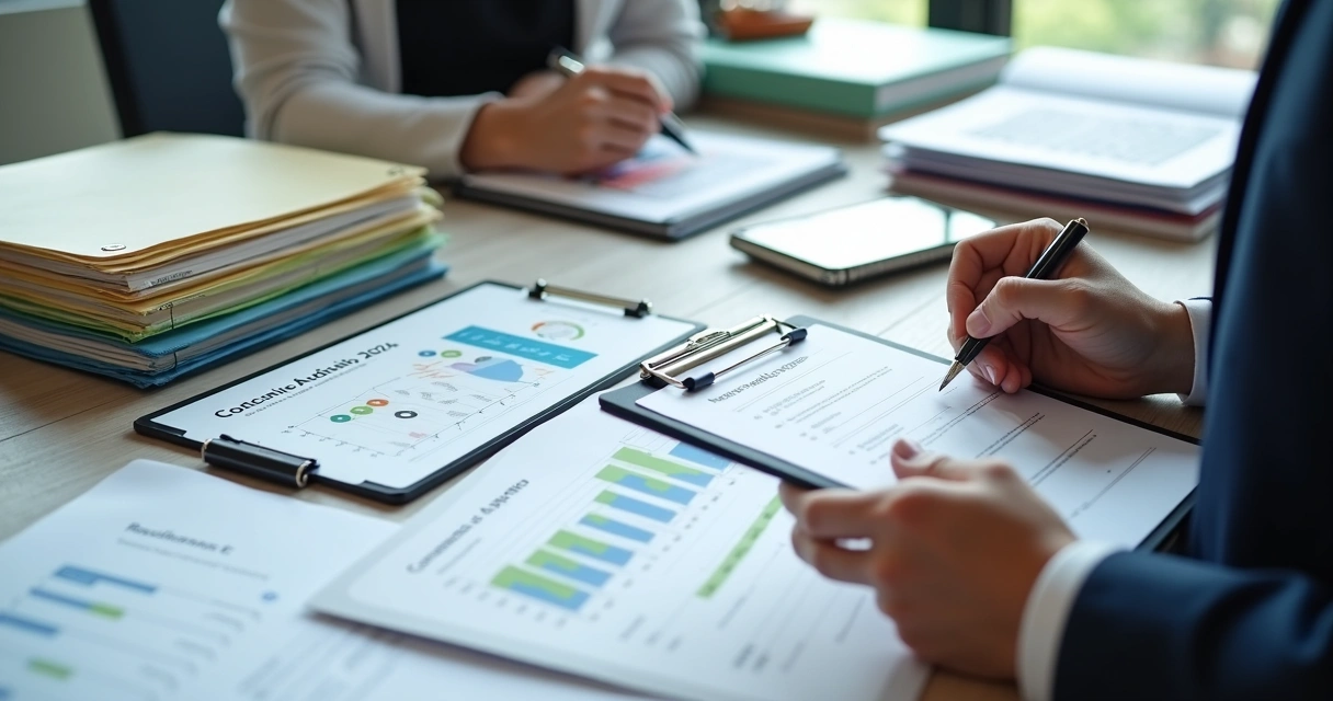 Checklist de auditoria sendo preenchido com prancheta e pasta de documentos