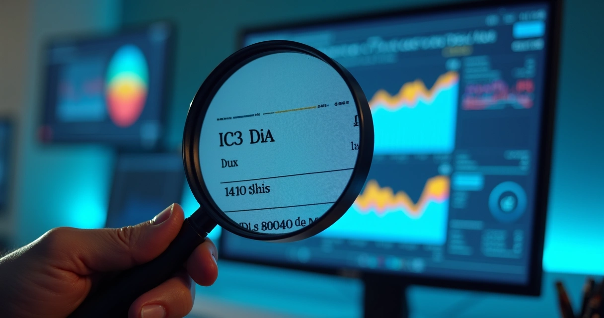 Profissional conferindo documentos eletrônicos e gráficos de auditoria com lupa digital 