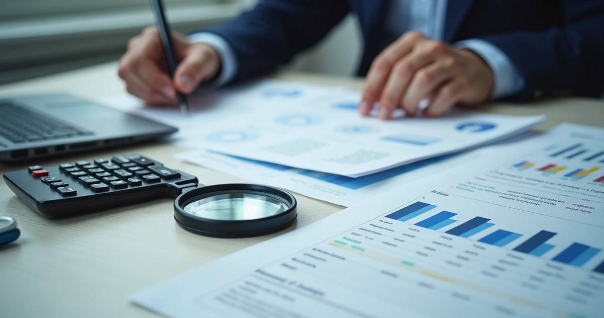 Auditoria fiscal com documentos e gráficos em mesa