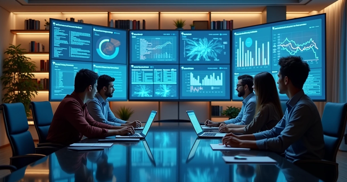 Sala de reunião com telas exibindo gráficos de auditoria 