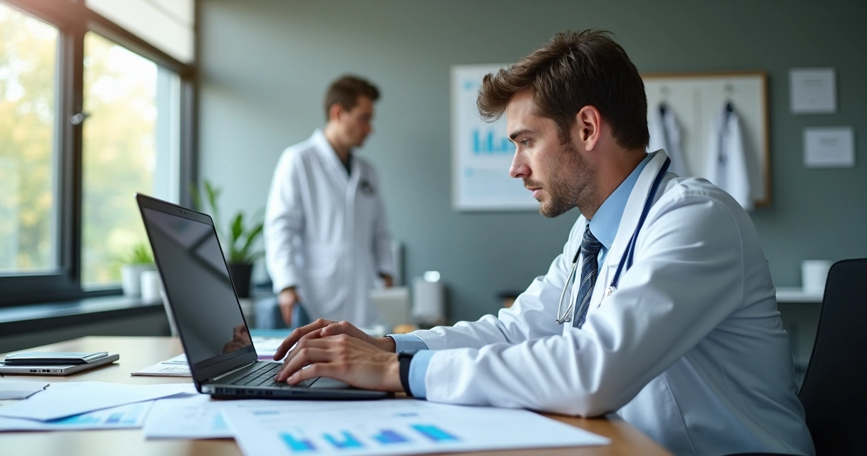 Profissional analisando contas hospitalares em ambiente moderno