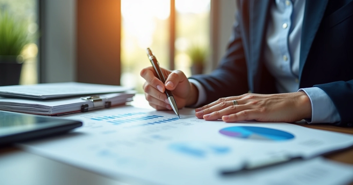 Auditor contábil revisando documentos numa mesa de escritório