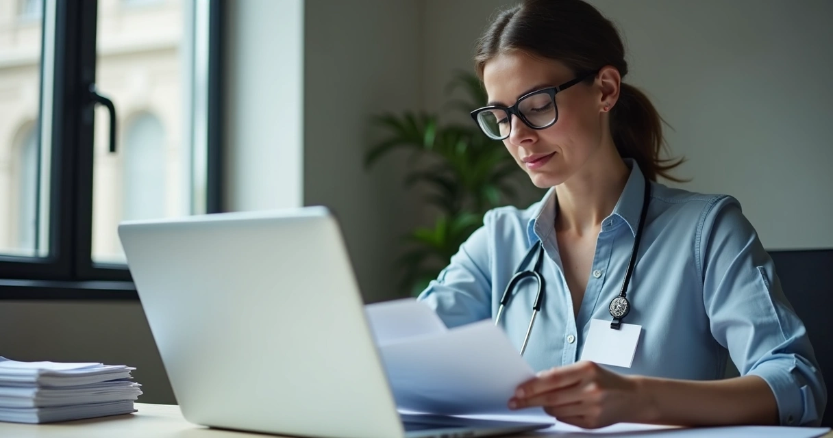 Mulher auditora com crachá revisa documentos contábeis ao lado de notebook aberto 