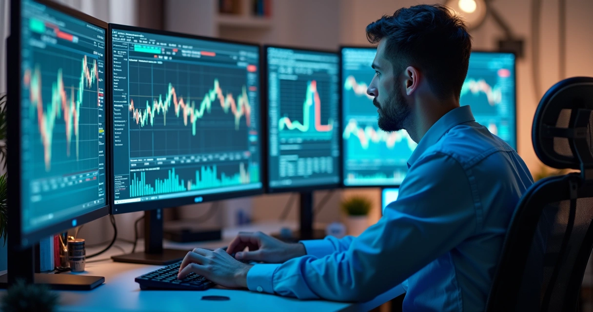 Especialista analisando auditoria de dados em várias telas com gráficos de cripto