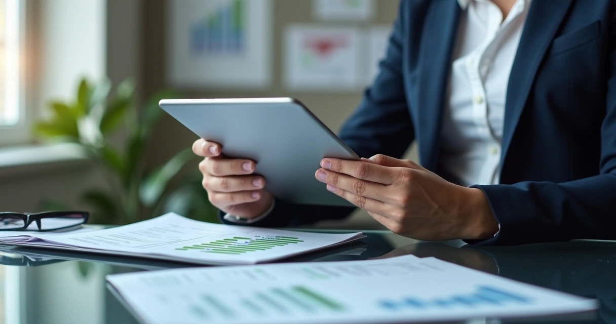 Pessoa conferindo relatório financeiro automatizado ao lado de pilha de papéis. 