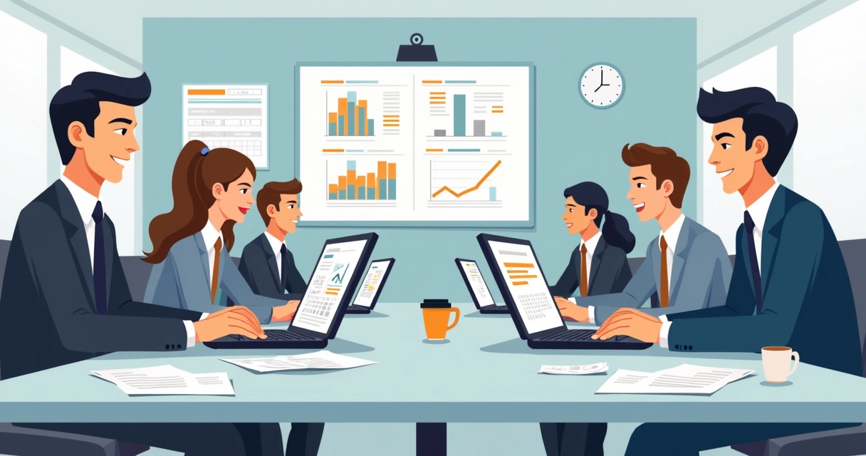 Contadores em escritório analisando documentos fiscais e gráficos em computadores, representando split payment 