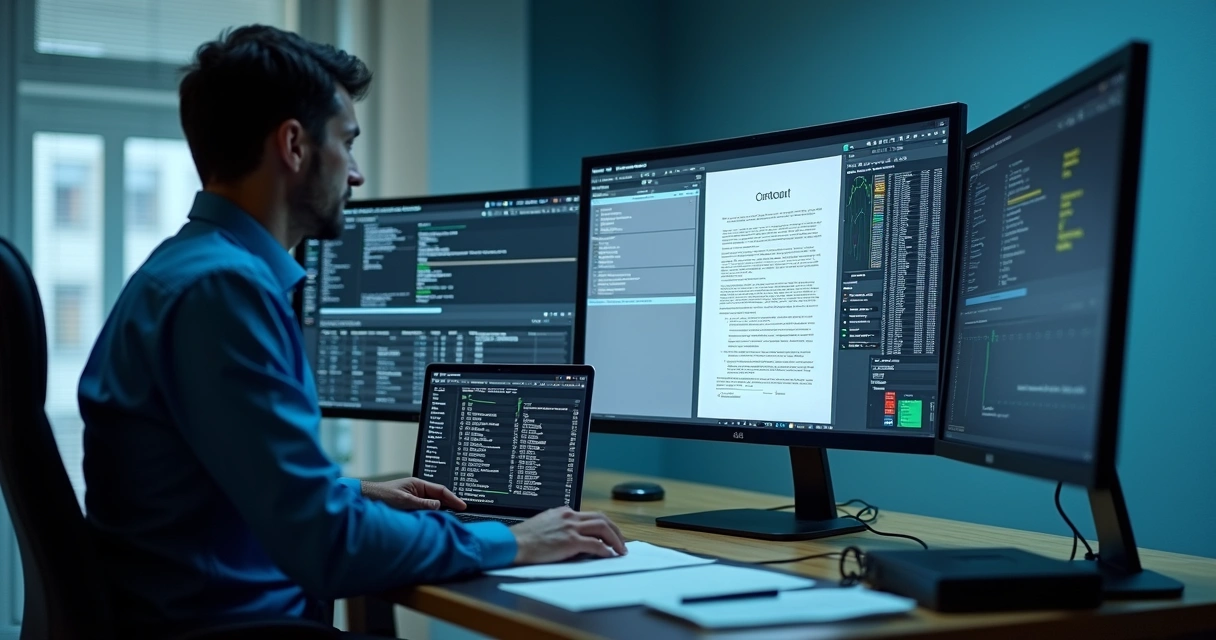 Perito examinando contrato digital em tela com registros técnicos 